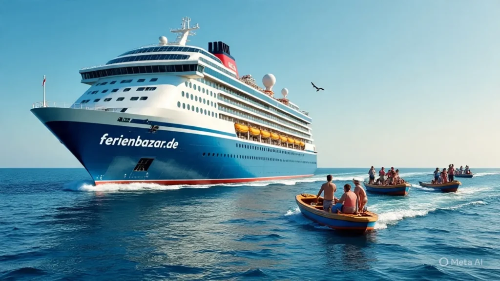 Kreuzfahrtschiff auf dem offenen Meer mit Touristenboot im Vordergrund, unter klarem Himmel – Symbol für Entdeckungsreise zwischen Pazifik und Karibik.