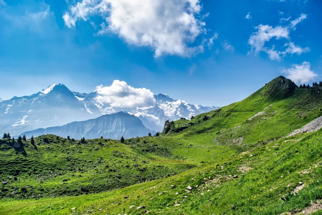 Schweizer Alpen mit schneebedeckten Gipfeln und grünen Hügeln unter blauem Himmel mit vereinzelten Wolken.