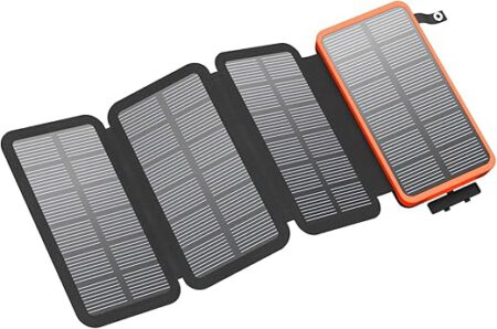FEELLE Solar Powerbank 25000mAh, Solar Ladegerät mit Dual 3,0A USB-Ausgang & 4 Faltbaren Solarpanel Externes Akkupack Power Bank für Smartphone, Tablet, Campen und mehr (Orange)