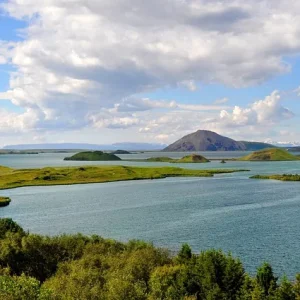 Mývatn See Mývatn mit grüner Vegetation, ruhigem Wasser und vulkanischer Berglandschaft im Hintergrund