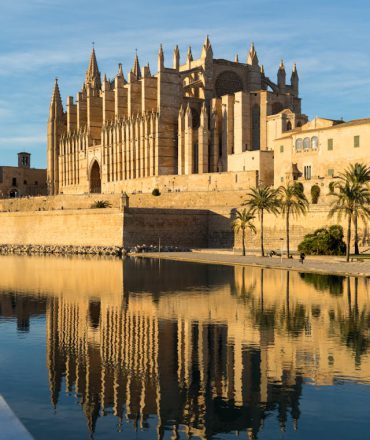 Mallorca Urlaub. Gothische Kathedrale La Seu in Palma de Mallorca bei Sonnenuntergang, mit Spiegelung im Wasser und Palmen im Vordergrund.